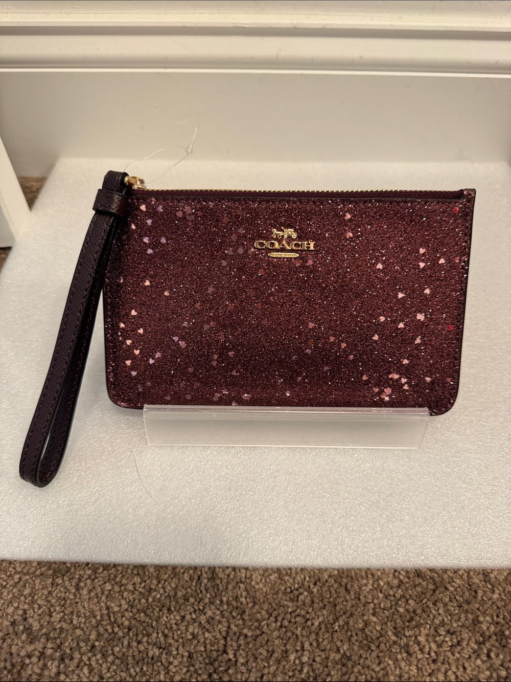 Coach Glitter Wristlet wallet in Wine with Gold Logo